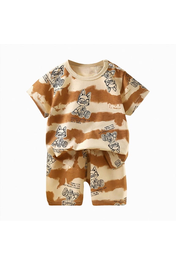 Toddler Boys Children Pajamas Set 2PCs Short Sleeve Top + Soft Shorts Breathable Kids Pjs Summer Pajamas for Boys 2T 3T 4T 5T Loungewear Rest Gift Sets(A-Brown,18-24 Months)