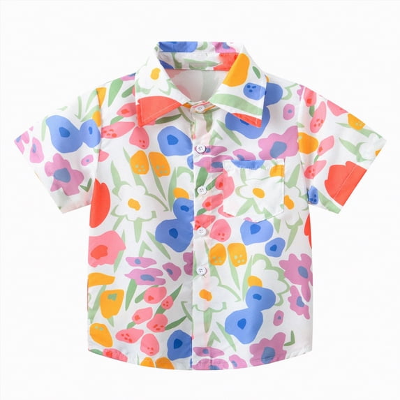 NIEWTR Toddler Boys Delicate Floral Print Short Sleeve Button Up Shirt Casual Summer Tops for Outings(White,2-3 Years)