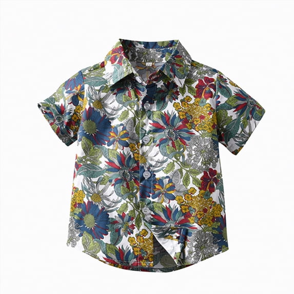 NIEWTR Toddler Boys Dense Tropical Print Short Sleeve Button Down Shirt Hawaiian Beach Vacation Tops(White,12-18 Months)