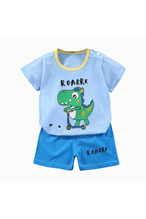 Toddler Boys Pajamas Two Piece Set Short Sleeve Top + Comfy Shorts Soft Breathable Children Kids Pjs Summer Pajamas for Boys 2T 3T 4T 5T Gift Sets(A-Sky Blue,6-12 Months)