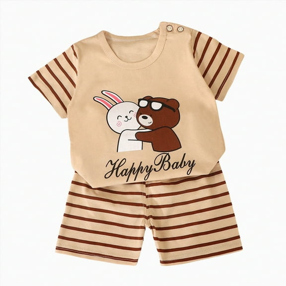 NIEWTR Toddler Boys Summer Outfits Cute Shirt Tops Short Sleeve Shorts With Elastic Waist 2Pcs Short Sleeve T For 1t 2t 3t 4t 5t 6t Pajamas & Dailywear (Beige,6-9 Months)