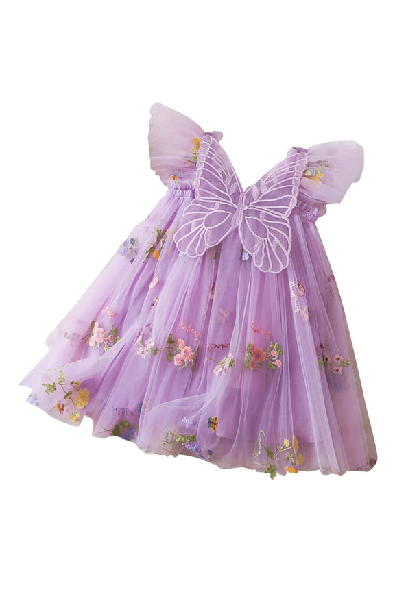 Toddler Dress Little Girls Butterfly Wings Dress Tutu Fall Winter Puff Sleeveless Princess Party Birthday Tulle Dresses(A09-Purple,18-24 Months)