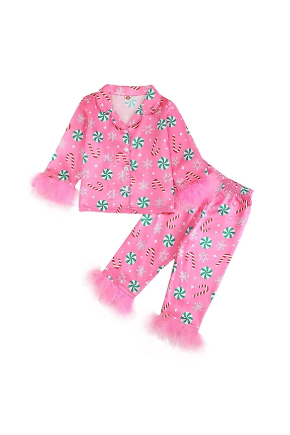 Toddler Girl Boy Christmas Satin Silk Pajamas Button 2 Piece Pajama Set Little Kids Girls Pjs Nightgown Xmas Set (18-24 Months,Hot Pink)