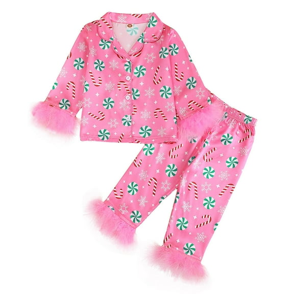 NIEWTR Toddler Girl Boy Christmas Satin Silk Pajamas Button 2 Piece Pajama Set Little Kids Girls Pjs Nightgown Xmas Set (4-5 Years,Hot Pink)
