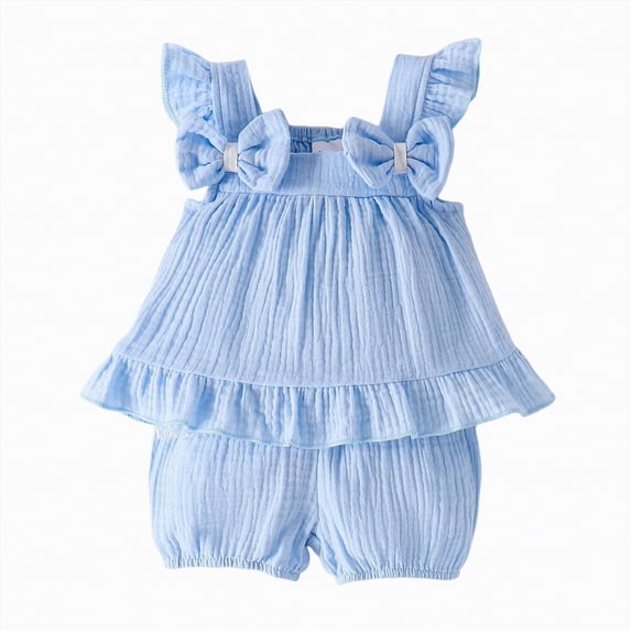 NIEWTR Toddler Girl Summer Outfit 6 12 18 24 Month 3T 4T 5T 6T Kids Short Sets Cotton Ruffle Sleeve Tops Tees Shorts Clothing Dailywear Sets(A-Blue,18-24 Months)