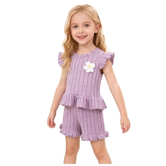 NIEWTR Toddler Girls 2Pcs Cute Flower Summer Outfits Set – Short Sleeve T-Shirt + Pants Gift Set Summer 2Pcs Gift Outfits Set 2Pcs Summer Beach Outfits 4-5 Years,Purple