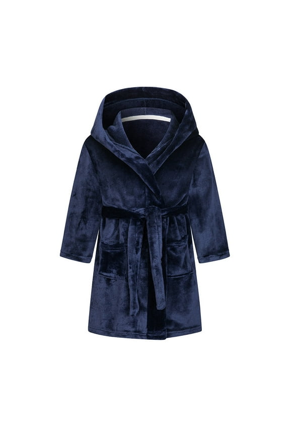 Toddler Girls Boys Sleepwear Kids Baby Cartoon Bathrobes Hooded Warm Flannel Night Robe Pajamas Cute Child Home Wear for 2-12 Years(A04-Navy,4-5 Years)
