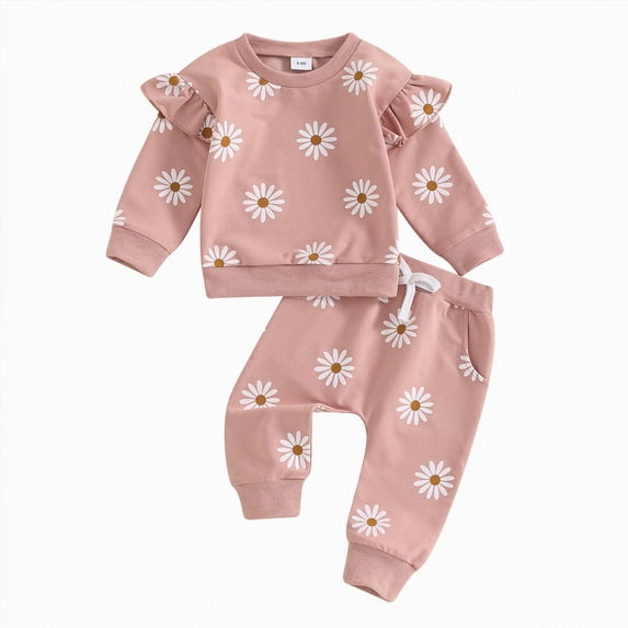 NIEWTR Toddler Girls Cotton Pajamas 2Pcs Sets 0-24M 2T 3T 4T 5T 6T Long Sleeve Crewneck Tops and Elastic Waist Pants Sleepwear Snug Fit Pajama Set for Daily Wear(A-Pink,0-6 Months)