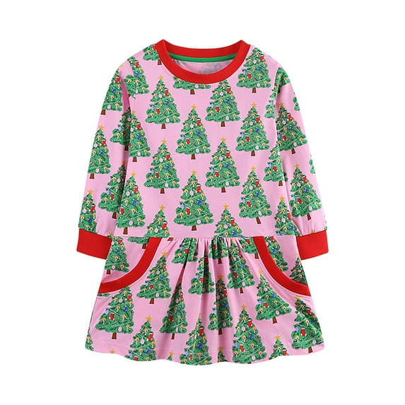NIEWTR Toddler Girls Long Sleeve Christmas Dress Cotton Casual Strip 2024 T Shirts Dresses Shirt Christmas Tree Print Dress(2Y,Z03-Pink)