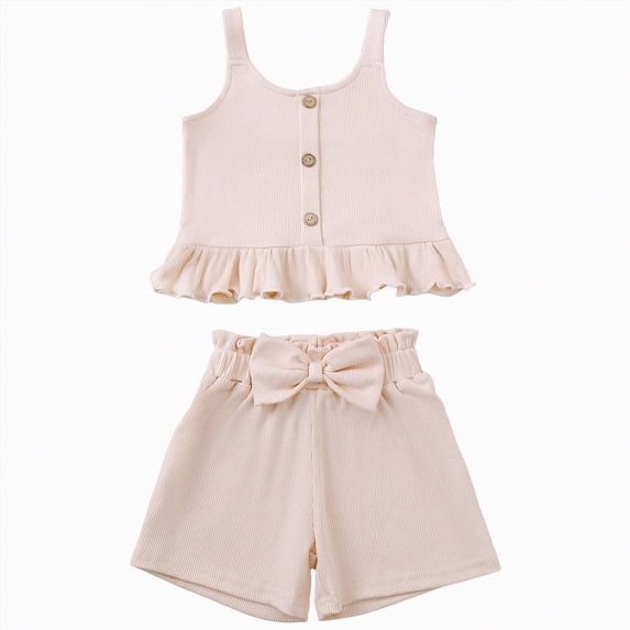 NIEWTR Toddler Girls Short Sets Kids Cute Ruffle sleeveless Tops and Casual Shorts Girls Summer 2 Piece Outfits Clothes(Beige,3-4 Years)