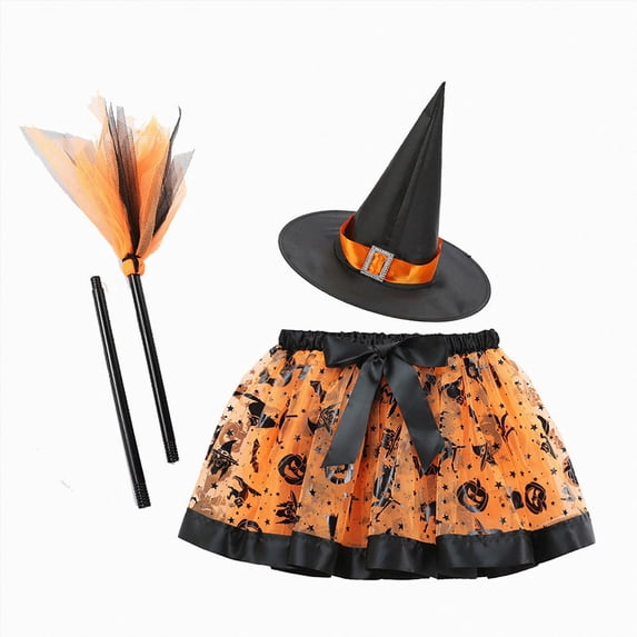 NIEWTR Toddler Girls Witch Tutu Skirt Set With Hat & Broomstick 3 Pcs Dress Up Halloween Outfits Kids Clothes Cosplay Dress Up Role Play Set