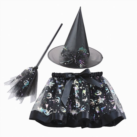 NIEWTR Toddler Girls Witch Tutu Skirt Set With Hat & Broomstick 3 Pcs Dress Up Halloween Outfits Kids Clothes Cosplay Dress Up Role Play Set
