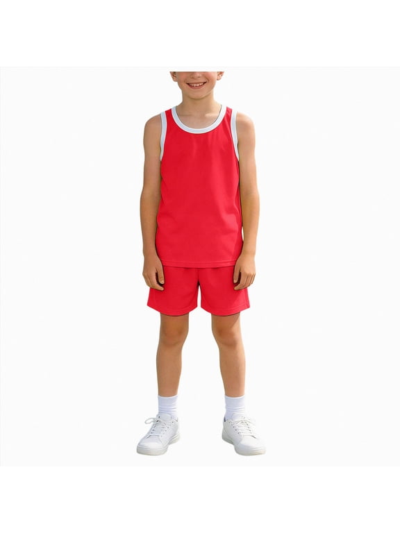 Toddler Kids Athletic Summer Outfits Active Set Boys 2 Piece Set Children Gift Set Lightweight Crew Neck Tee & Pull On Shorts 3T-10T(A-Red,7-8 Years)
