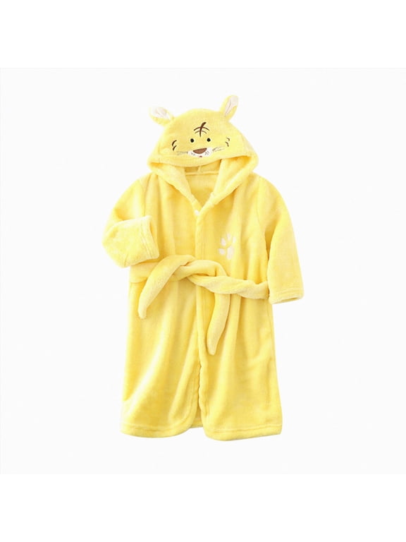 Toddler Kids Baby Boys Girls Printed Bathrobes Hooded Warm Flannel Night Robe Sleepwear Cute Warm Pajamas Robe Child Sleepwear Homewear Pjs(B-Yellow,7-8 Years)