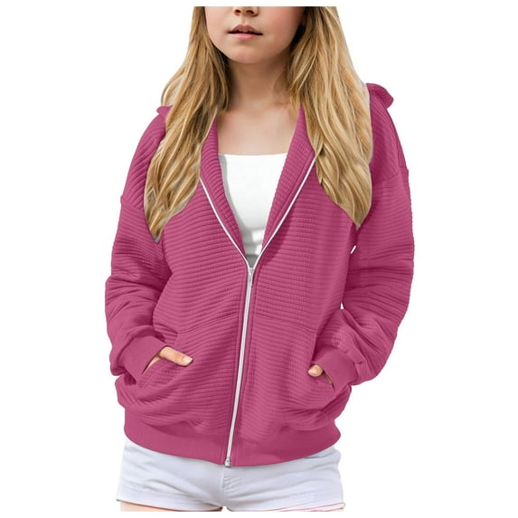 NIEWTR Toddler Kids Fall Jackets Sweatshirt Color Solid Zip Long Hoodie Top Girls Sleeve Up Little Girls Coat Outwear Snowsuit (5-6 Years,Z01-Hot Pink)