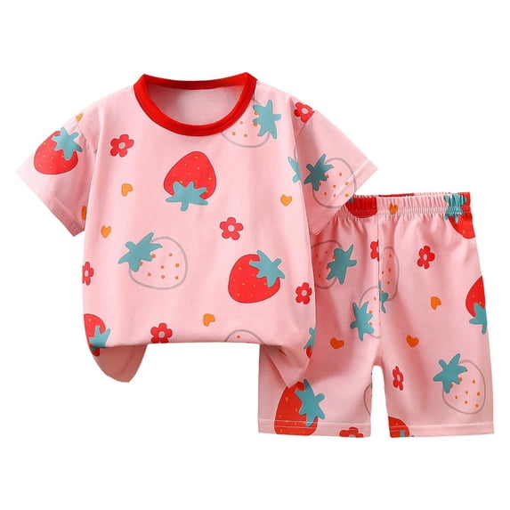 NIEWTR Toddler Summer Outfits Baby Girls Cute 2-piece Set Short Sleeve Round Neck Blouses Printing Short Pants 2Pcs Summer Beach Outfits 2--3 Years,Pink