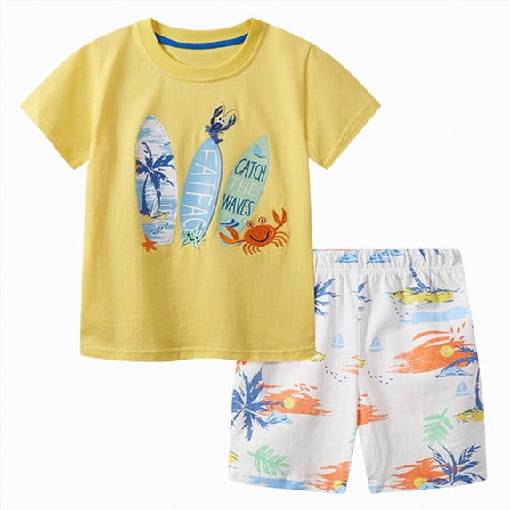NIEWTR Toddler Summer Outfits Sets Boys Short Sleeve Shorts Pajamas Set 2T 3T 4T Soft Breathable 2-Piece Loungewear Kids Summer Pjs for Boys 2-6 Years Dailywear Set(A-Light Yellow,1-2 Years)