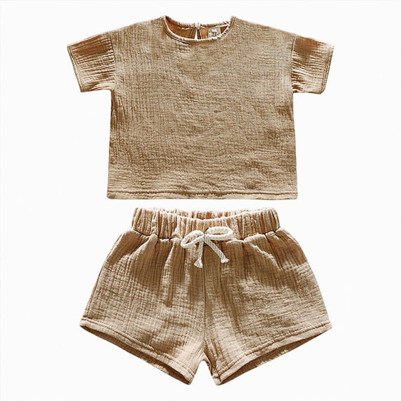 NIEWTR Toddler Summer Set 2-Piece Short Sleeve Crewneck Top & Pull-on Shorts Breathable Pajamas for Boy Girl 2T 3T 4T 5T Loungewear(A-Khaki,12-24 Months)