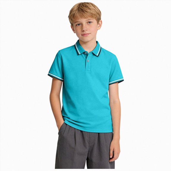 NIEWTR Uniform Shirts For Boys Children Polo Shirt Boys Cotton Blend Short Sleeve Solid Color Tee Casual Relaxed Fit Breathable Summer Top(A-Sky Blue,9-10 Years)