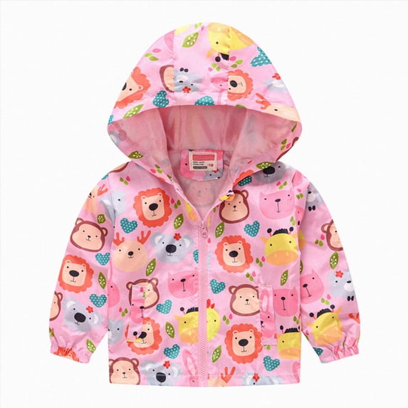 NIEWTR Unisex Children's Windproof Hooded Jacket Polyester, Cartoon Animal Print Zip-Up Coat for Park Adventures Toddler Boys Girls Casual Long Sleeve Windproof Coats Jackets