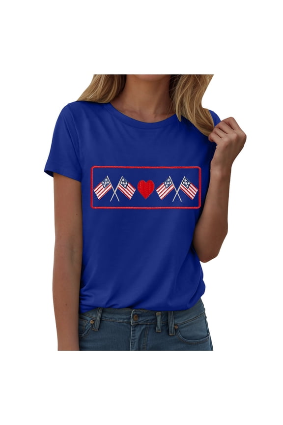 Vintage American Flag Eagle Slogan Tee Women Casual Short Sleeve Crew Neck Patriotic USA Pride Tops(Blue,S)