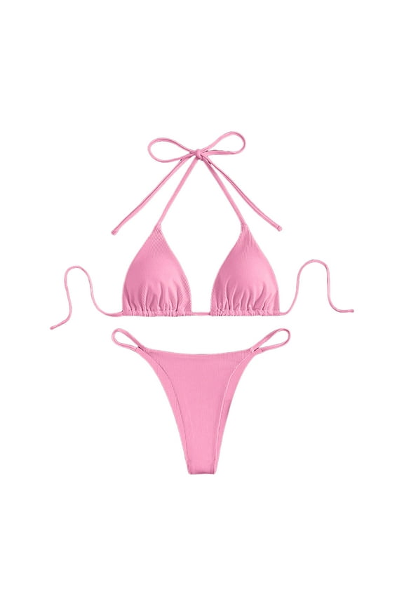 Women Beachwear Micro Bikini Set Tie Side Thong Swimsuit(Pink,L)