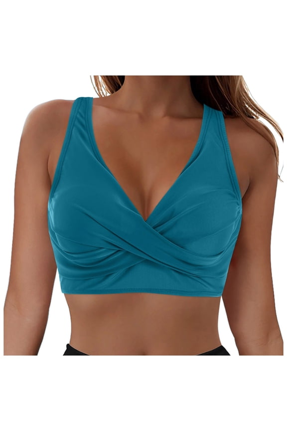 Women Bikini Top Only V-Neck Push Up Bust Swimsuit Top Twist Front Full Coverage Bathing Suit(Navy,2XL)