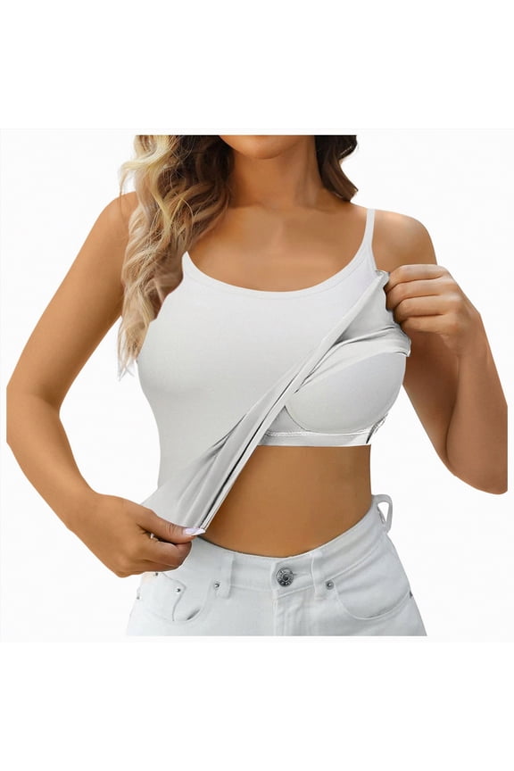 Women Camisole Built in Bra Wireless Fabric Support Long Layering Cami(A01-White,M)