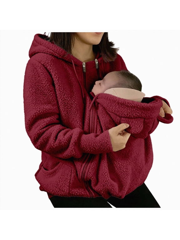 Women Fleece Zip up Hoodie 2 in 1 Baby Wearing Jacket Maternity Winter Coat Thicken Kangaroo Sweatshirt Baby Wearing Outerwear