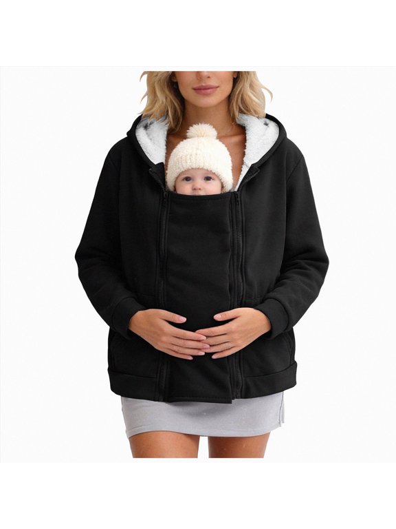 Women Fleece Zip up Hoodie 2 in 1 Baby Wearing Jacket Maternity Winter Coat Thicken Kangaroo Sweatshirt Baby Wearing Outerwear