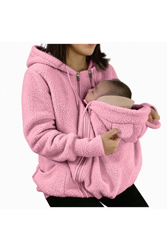 Women Fleece Zip up Hoodie 2 in 1 Baby Wearing Jacket Maternity Winter Coat Thicken Kangaroo Sweatshirt Baby Wearing Outerwear
