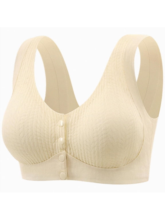 Women Front Closure Bras Wireless Snap Closing Bra No Underwire Older Senior Bras with Adjustable Straps(Beige,L)