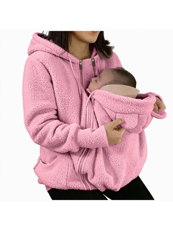 Women Hooded Sweatshirt Fleece Zip Up Baby Wearing Jacket Maternity Winter Coat Thicken Baby Wearing Clothes