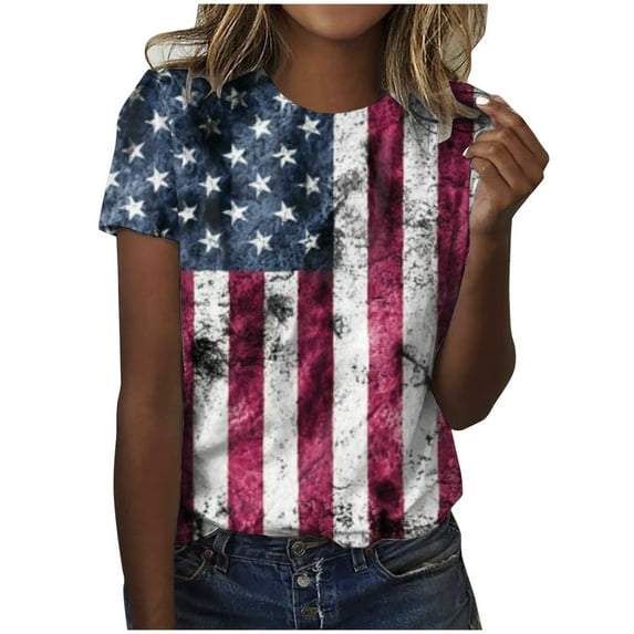 NIEWTR Women July 4th Print American Flag Pattern Short Sleeve Crew Neck Casual T-Shirt Tees Top Blouse(,M)