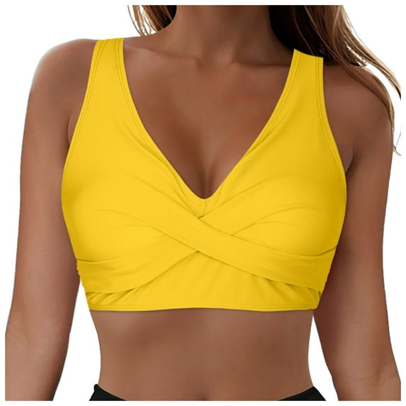 NIEWTR Women Lace Up Bikini Tops Sexy Twist Front Full Coverage Push Up Crisscross Crop Top Tie Back Bathing Suit Tops Swim Bra Swimsuit Gift Bikini Tops Sexy Bikini Tops Only(Yellow,XXL)