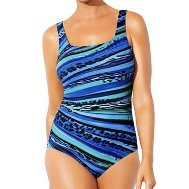 NIEWTR Women Plus Size One Piece Swimsuit V Neck Mesh Sheer Tummy Control Bathing Suit with Adjustable Wide Straps(Blue,XXL)