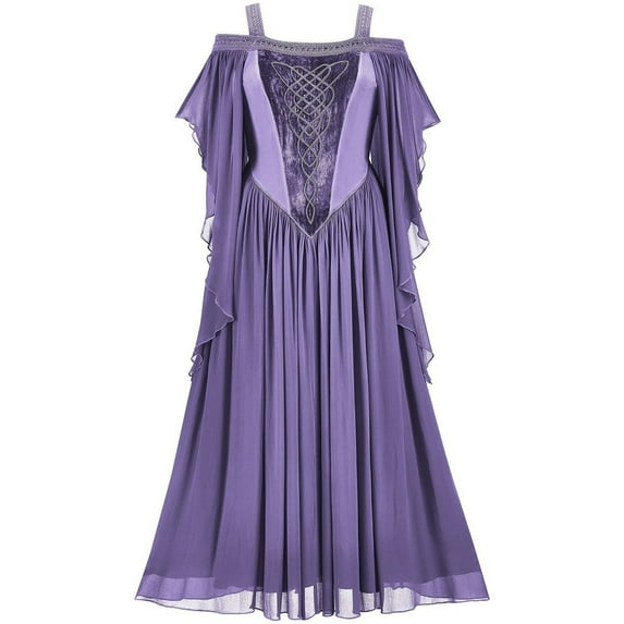 NIEWTR Women Renaissance Dress Peasant Dress Bell Sleeves Tiered Flowy Long Dresses Party Retro Dress Theme Party (XXL,Purple)
