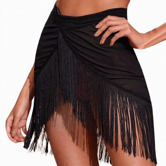 NIEWTR Women Ruffle Trim Sheer Beach Skirt Cover Up Lace Up Skirt Beach Wrap Bikini Shiny Wraps Cover Ups For Swimwear Mesh Drawstring Cover Up Skirt(Black,4XL)
