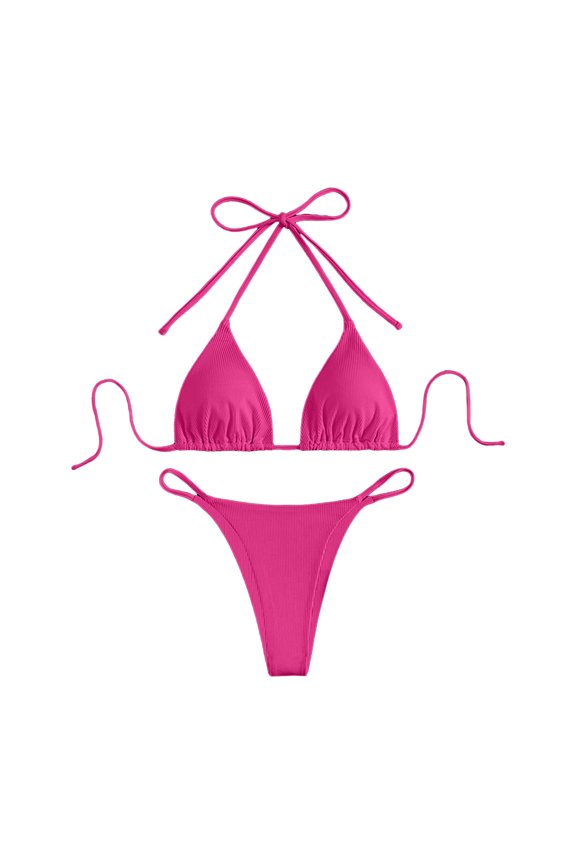 Women String Bikini Set Halter Side Tie Two Piece Swimsuit Triangle Bathing Suits(Hot Pink,L)