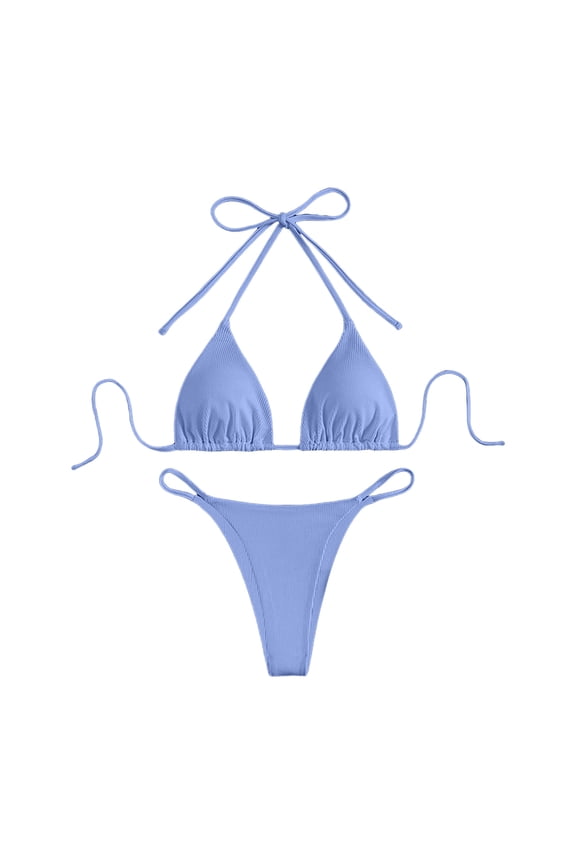 Women Triangle Halter Thong Bikini Set Ruffle Sexy String Two Piece Swimsuit Bathing Swimwear(BU1,L)