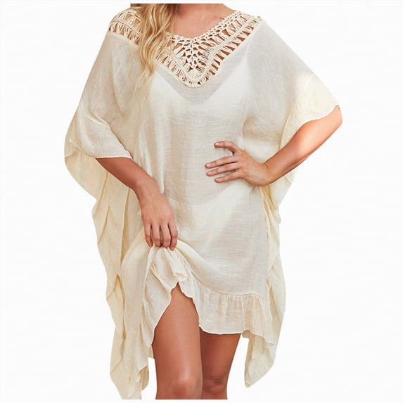 NIEWTR Women's Bathing Suit Cover Up Striped Print Drawstring Waist Loose Swim Cover Up(Beige,One Size)