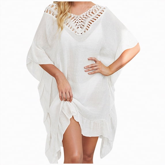 NIEWTR Women's Bathing Suit Cover Up Striped Print Drawstring Waist Loose Swim Cover Up(White,One Size)