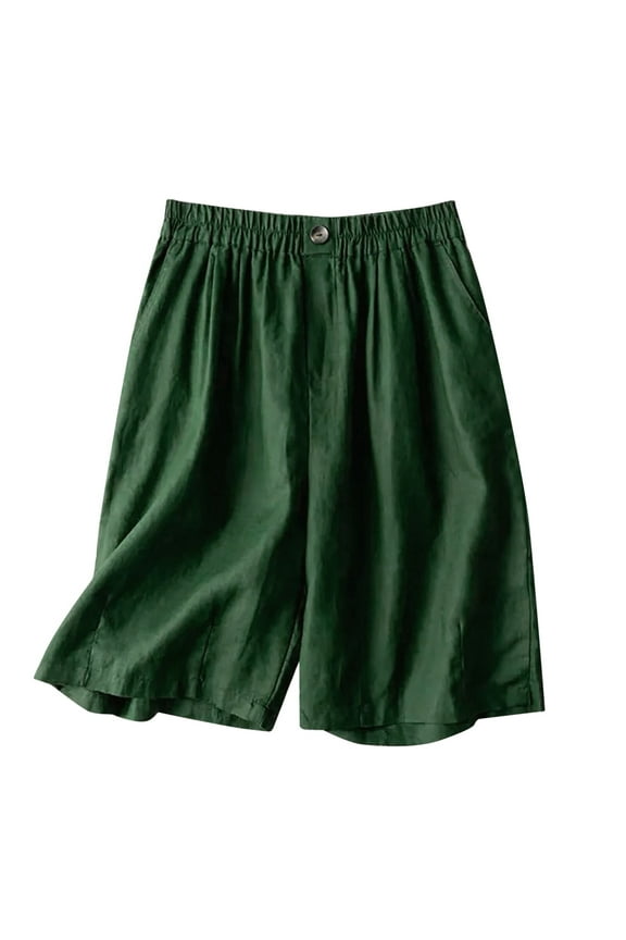 Women's Elastic Waist Knee Length Casual Loose Fit Cotton Curling Bermuda Shorts Solid Shorts with Drawstring Pockets(Green,XXL)