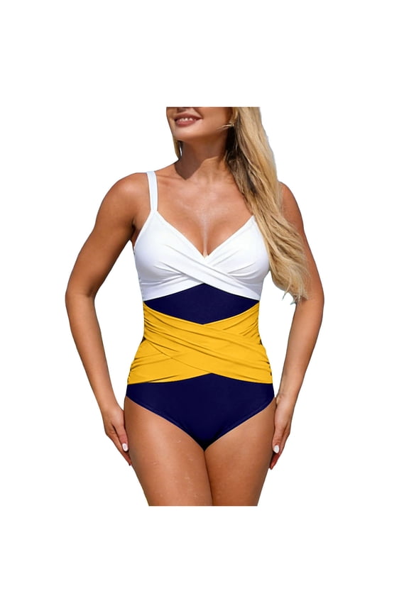 Women's One Piece Swimsuit Tummy Control Cutout Bust Bathing Suit Halter Strap Stretch Pool Party Wear(Yellow,M)