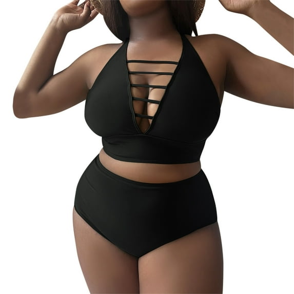 NIEWTR Women's Plus Size Color Block Swimsuit V Neck Wrap Ruched High Waisted Bikini Sets Two Piece Bathing Suits Strap Adjustable Backless (Black,XXL)