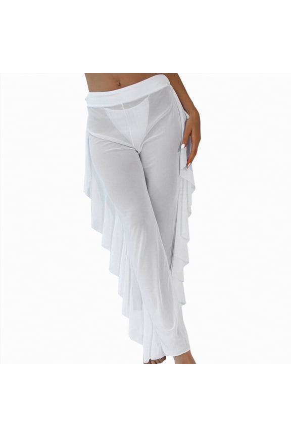 Women's Ruffle Sheer Beach Swimwear High Waisted Cover Up Bikini See Through Pants(White,2XL)