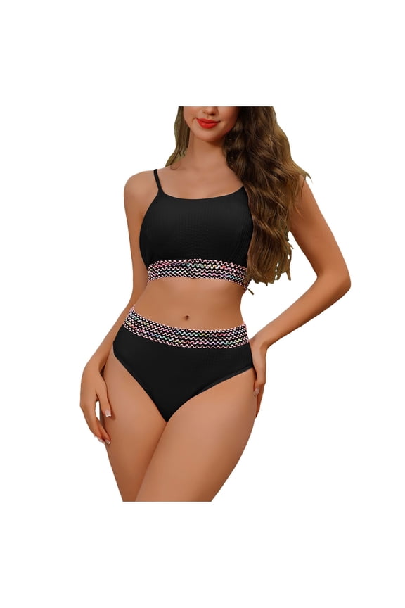 Women's Seashell Textured Bikini Sets Colorful waves Two Piece Swimsuit Sporty Adjustable Straps Bathing Suit(Black,XL)