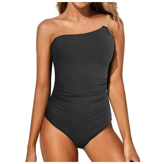 NIEWTR Women's Sexy One Shoulder One Piece Swimsuit for Women Tummy Control Bathing Suits Mesh Swimwear(Gold,XXL)