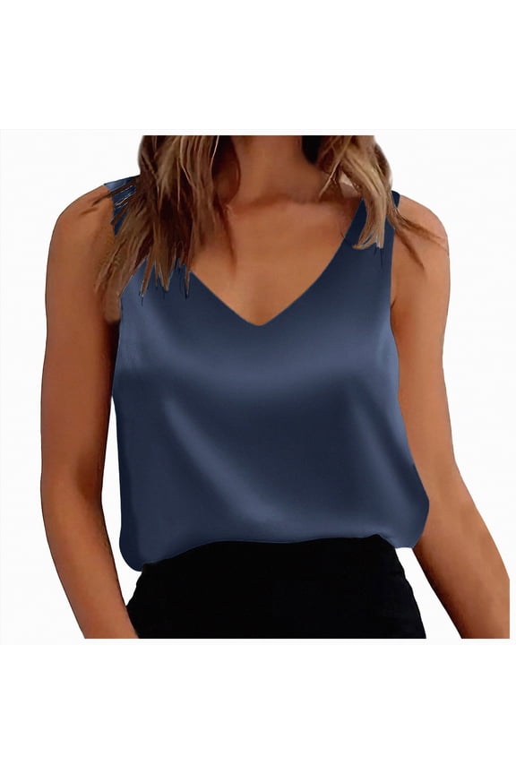 Women's Silk Tank Tops Satin Camisole Sleeveless Work Undershirt Dressy Scoop Neck Shirt Lady Sateen Blouse(Navy,M)