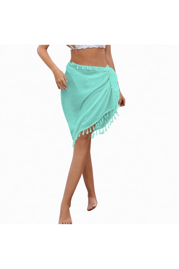 Women's Tassel Trim Beach Skirt High Waist See Through Swing Asymmetric Sheer Fringe Hem Bikini Cover Up Skirt(Sky Blue,One Size)